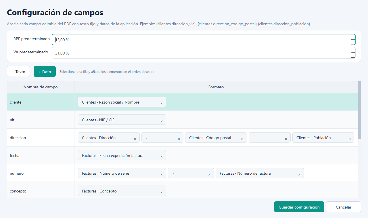 Configuración visual de campos de una plantilla PDF en Factinxela
