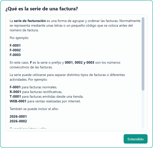 Ayuda integrada que explica qué es una serie de facturación