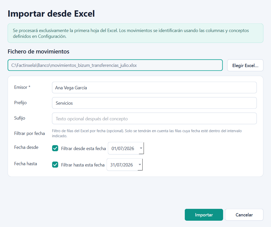 Importación de cobros de Bizum y transferencias desde Excel