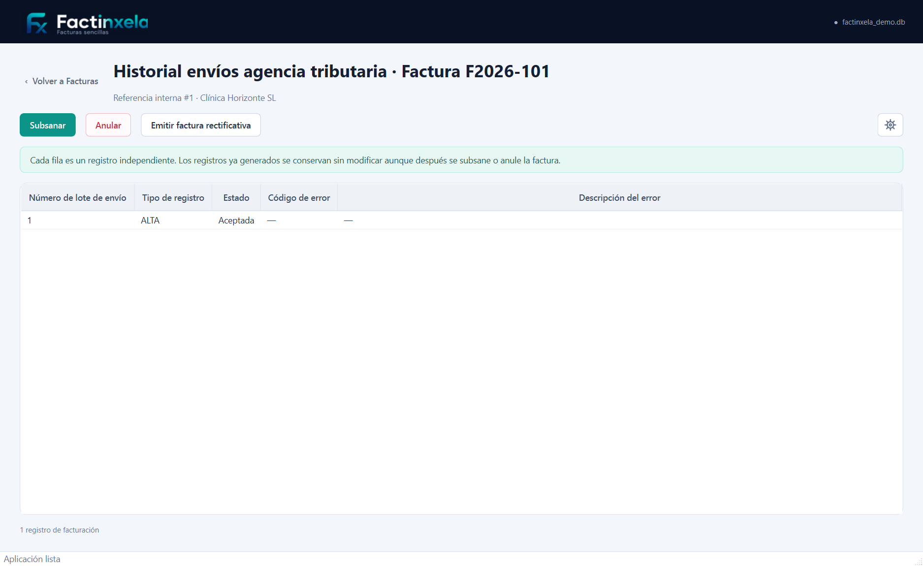 Historial de registros de una factura con la acción Emitir factura rectificativa